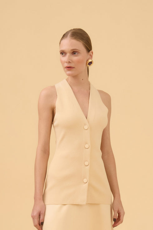 Blusa Sem Manga Com Abotoamento Em Tricot Bege Champagne